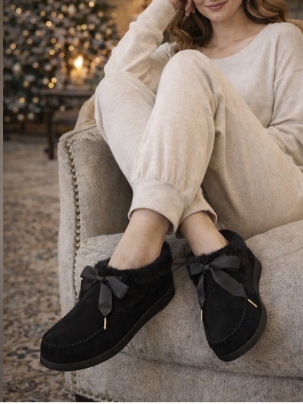 Tory Burch Aberdeen Shearling Slippers Black Suede Bow